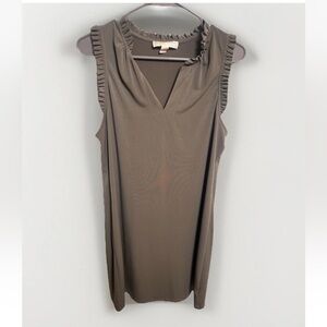 Michael Kors Olive Green Sleeveless V-Neck Shift Dress Ruffle Shoulder Detail